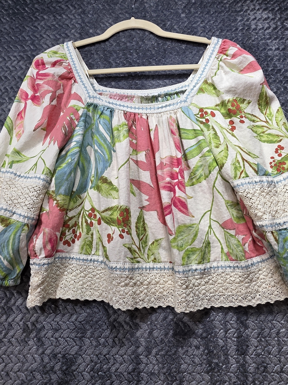 Nicole Miller Floral Square-Neck Peasant Blouse in Pink, Green & Blue